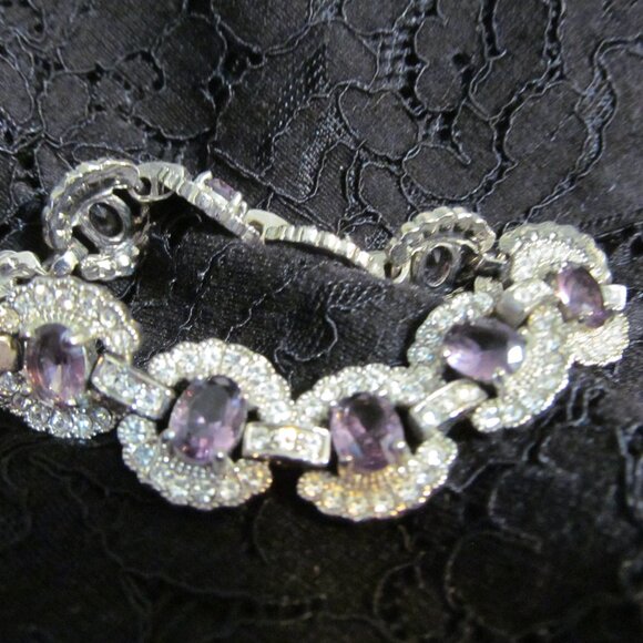 Vintage Faux Amethyst and Faux Diamond bracelet Silver Tone 7-1/2" ~ Stunning! - Picture 4 of 14